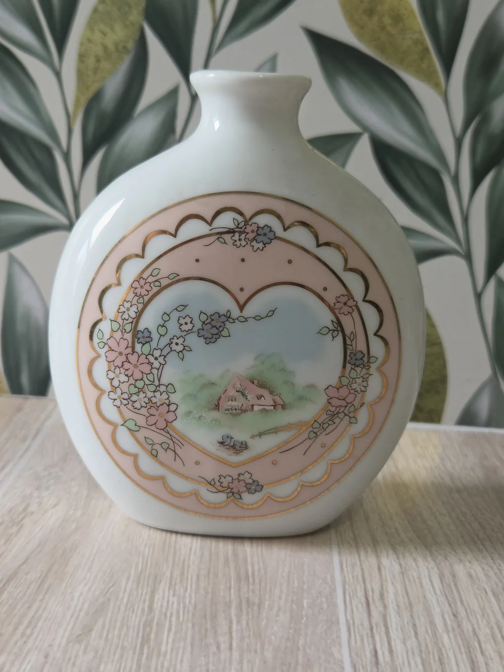 Vintage Applause Inc Japan Porcelain Cottage Heart Moon Flask Bud Vase